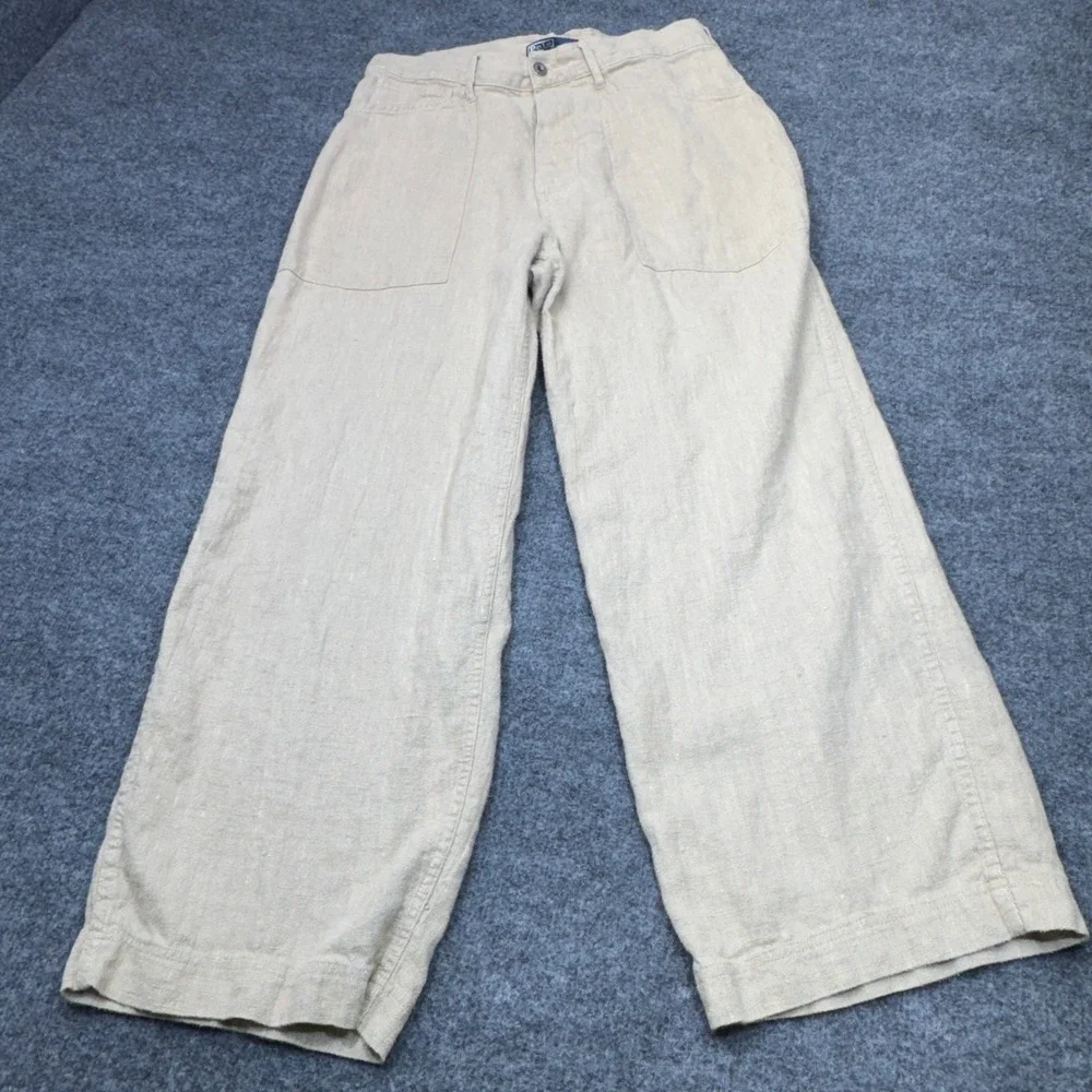 Vintage Polo Ralph Lauren Linen Buckle Back Pants Mens 34 Beige Wide Leg Deck